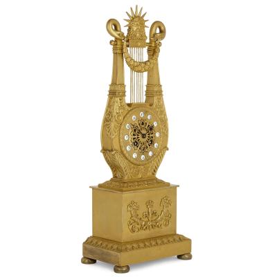  Leroy Paris French Neoclassical style lyre form gilt bronze clock