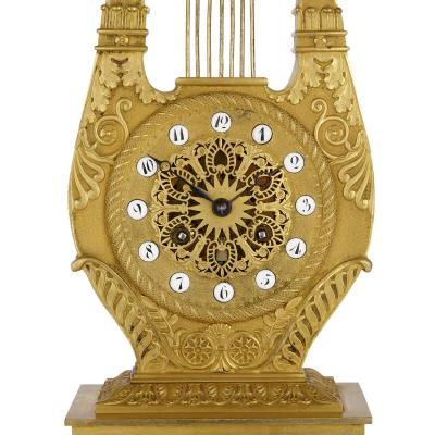  Leroy Paris French Neoclassical style lyre form gilt bronze clock