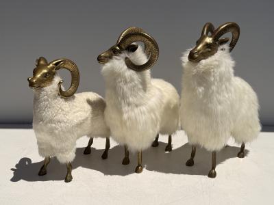 Les Lalanne Set of Three Brass and Fur Mountain Sheep Ram Sculptures