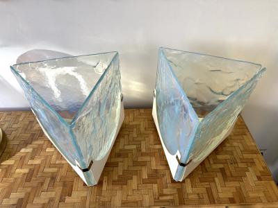  Leucos Pair of Triangle Lamps Opalescent Murano Glass by Leucos Italy 1980s
