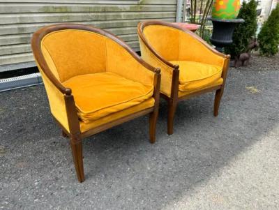  Lewittes Furniture Enterprises Elegant Pair Hollywood Regency Scoop Barrel Back Chairs Mid Century Modern