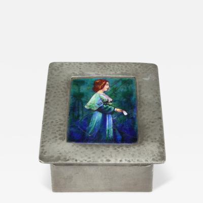  Liberty Co Liberty Co An Arts Crafts Pewter Box with an Enamel Maiden to the Lid