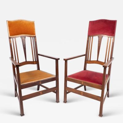  Liberty Co Liberty Co Two Arts Crafts Mahogany Armchairs with Stylized Floral Inlays