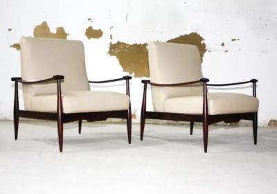 Liceu de Artes e Of cios Brazilian Modern Armchair Set in Hardwood Beige Leather by Liceu de Artes 1960