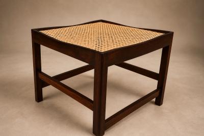  Liceu de Artes e Of cios Pair of Brazilian Modern Stools in Rosewood Cane and Olive Mohair Cushions