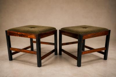  Liceu de Artes e Of cios Pair of Brazilian Modern Stools in Rosewood Cane and Olive Mohair Cushions