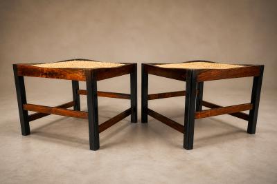  Liceu de Artes e Of cios Pair of Brazilian Modern Stools in Rosewood Cane and Olive Mohair Cushions