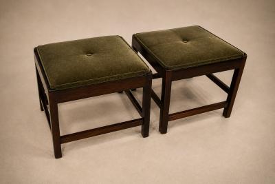  Liceu de Artes e Of cios Pair of Brazilian Modern Stools in Rosewood Cane and Olive Mohair Cushions