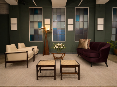  Liceu de Artes e Of cios Pair of Brazilian Modern Stools in Rosewood Cane and Olive Mohair Cushions