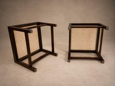  Liceu de Artes e Of cios Pair of Brazilian Modern Stools in Rosewood Cane and Olive Mohair Cushions
