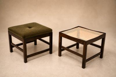  Liceu de Artes e Of cios Pair of Brazilian Modern Stools in Rosewood Cane and Olive Mohair Cushions