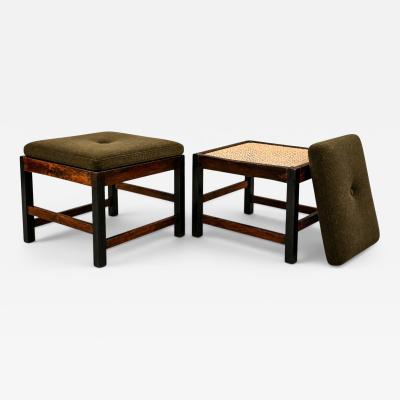  Liceu de Artes e Of cios Pair of Brazilian Modern Stools in Rosewood Cane and Olive Mohair Cushions
