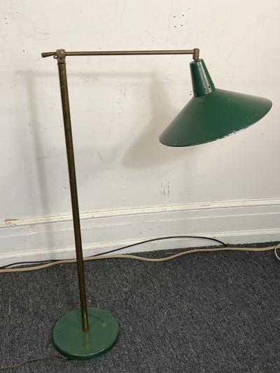  Lightolier MID CENTURY BRASS AND GREEN ENAMELED SHADE FLOOR LAMP