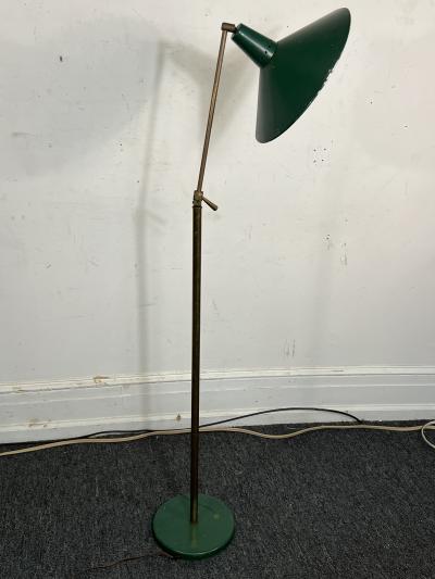  Lightolier MID CENTURY BRASS AND GREEN ENAMELED SHADE FLOOR LAMP