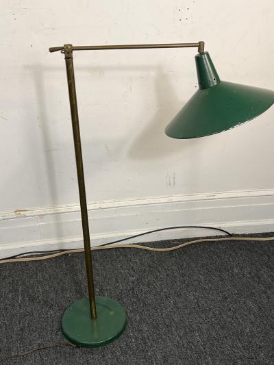  Lightolier MID CENTURY BRASS AND GREEN ENAMELED SHADE FLOOR LAMP