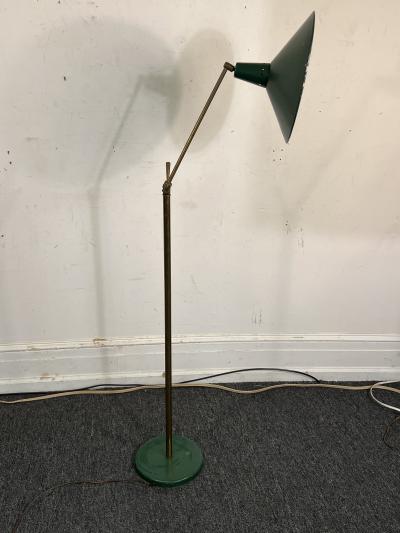  Lightolier MID CENTURY BRASS AND GREEN ENAMELED SHADE FLOOR LAMP