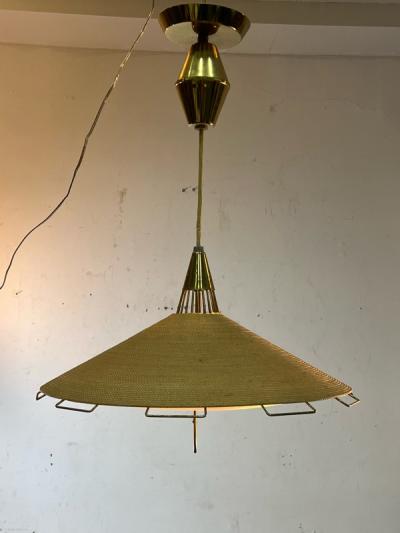 Lightolier MID CENTURY JUTE GLASS AND BRASS CHANDELIER BY LIGHTOLIER