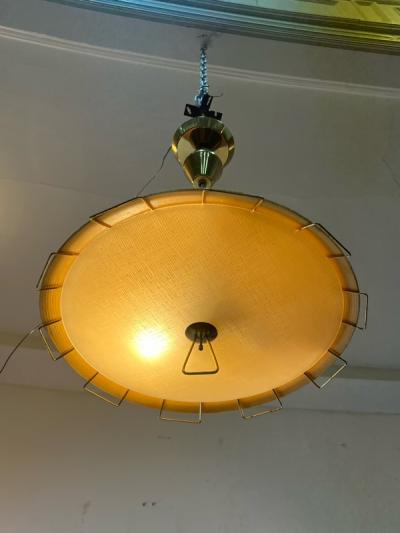  Lightolier MID CENTURY JUTE GLASS AND BRASS CHANDELIER BY LIGHTOLIER