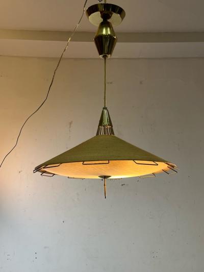 Lightolier MID CENTURY JUTE GLASS AND BRASS CHANDELIER BY LIGHTOLIER