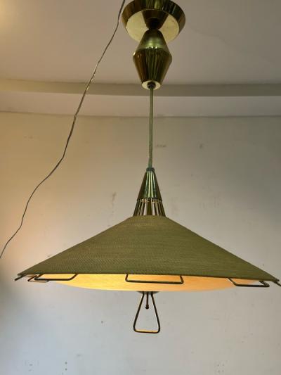  Lightolier MID CENTURY JUTE GLASS AND BRASS CHANDELIER BY LIGHTOLIER