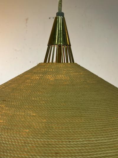  Lightolier MID CENTURY JUTE GLASS AND BRASS CHANDELIER BY LIGHTOLIER