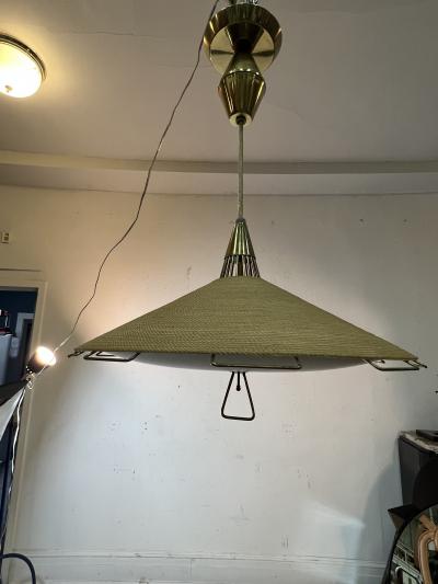  Lightolier MID CENTURY JUTE GLASS AND BRASS CHANDELIER BY LIGHTOLIER