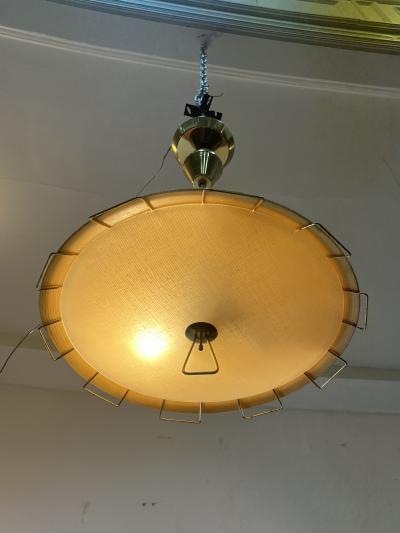  Lightolier MID CENTURY JUTE GLASS AND BRASS CHANDELIER BY LIGHTOLIER