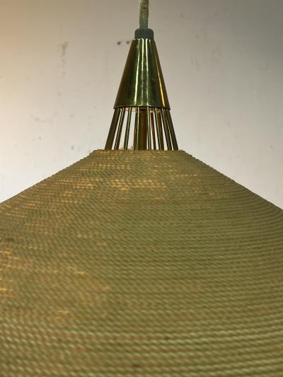 Lightolier MID CENTURY JUTE GLASS AND BRASS CHANDELIER BY LIGHTOLIER