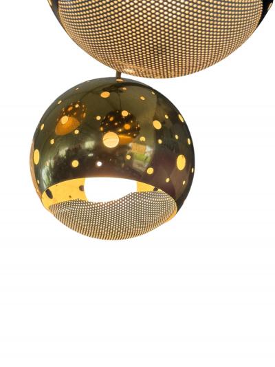  Lightolier MID CENTURY MODERNIST BRASS WHITE BLACK ENAMEL THREE BALL CHANDELIER