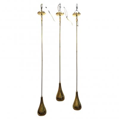  Lightolier Mid Century Brass Tear Drop Pendants attributed Paavo Tynell for Lightolier