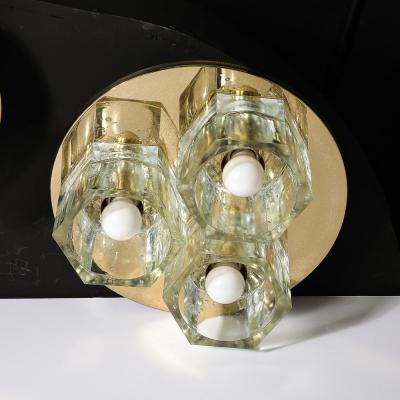  Lightolier Mid Century Hexagonal 3 Shade Glass Flush Mount Chandelier w Brass by Ligholier