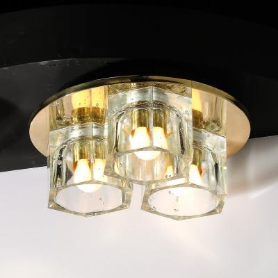  Lightolier Mid Century Hexagonal 3 Shade Glass Flush Mount Chandelier w Brass by Ligholier