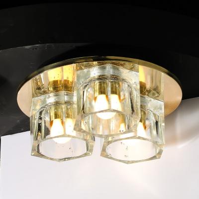  Lightolier Mid Century Hexagonal 3 Shade Glass Flush Mount Chandelier w Brass by Ligholier