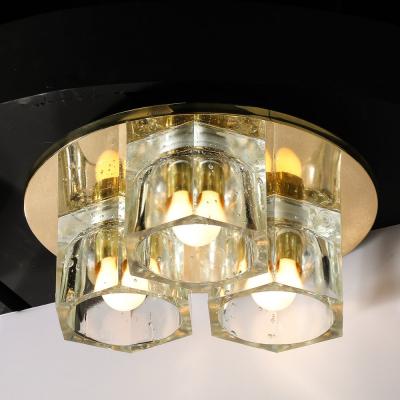  Lightolier Mid Century Hexagonal 3 Shade Glass Flush Mount Chandelier w Brass by Ligholier