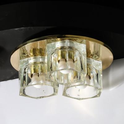 Lightolier Mid Century Hexagonal 3 Shade Glass Flush Mount Chandelier w Brass by Ligholier