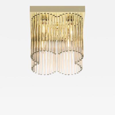  Lightolier Mid Century Modernist Flush Mount Chandelier in Brass and Glass Rods Lightolier