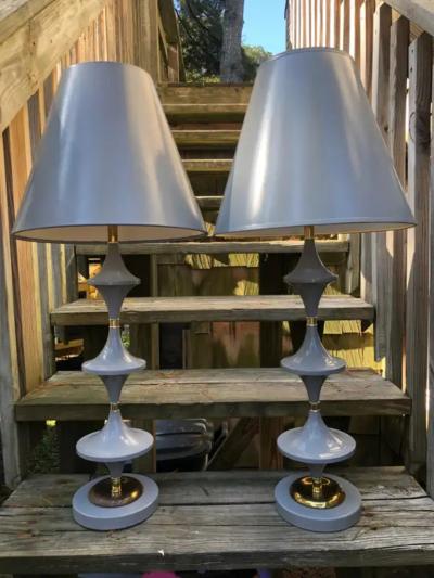  Lightolier Space Age Pair UFO Grey Gerald Thurston style Lamps Lightolier Mid Century