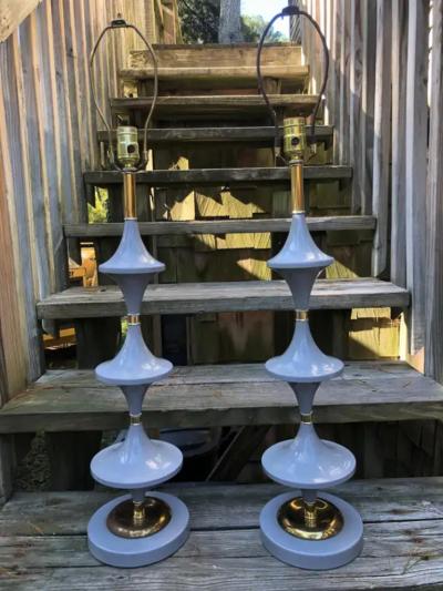  Lightolier Space Age Pair UFO Grey Gerald Thurston style Lamps Lightolier Mid Century