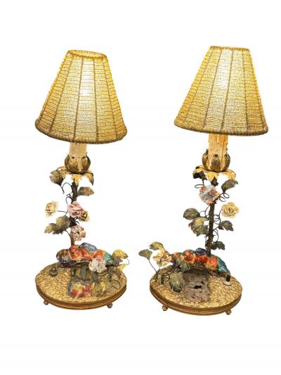  Limoges BEAUTIFUL CHARMING FRENCH CERAMIC BIRD FLOWERED VINE MIRROR POND BRONZE LAMPS