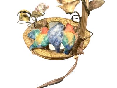 Limoges BEAUTIFUL CHARMING FRENCH CERAMIC BIRD FLOWERED VINE MIRROR POND BRONZE LAMPS