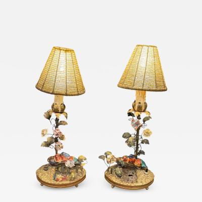  Limoges BEAUTIFUL CHARMING FRENCH CERAMIC BIRD FLOWERED VINE MIRROR POND BRONZE LAMPS