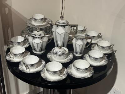Limoges French Art Deco Black and White Limoges Tea Set for 12 Art Deco