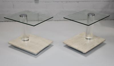  Lion in Frost 1970s Lion In Frost Travertine And Lucite Side Tables With Swivel Glas Tops