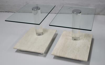  Lion in Frost 1970s Lion In Frost Travertine And Lucite Side Tables With Swivel Glas Tops