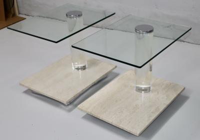  Lion in Frost 1970s Lion In Frost Travertine And Lucite Side Tables With Swivel Glas Tops
