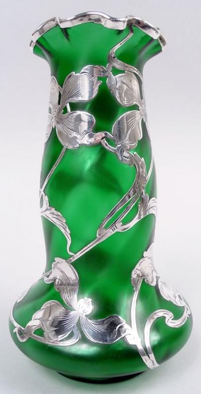  Loetz Glass Antique Loetz Art Nouveau Green Silver Vase with Floral Silver Overlay