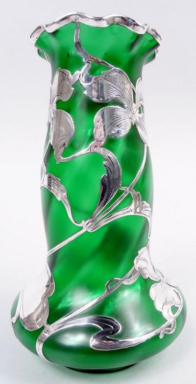  Loetz Glass Antique Loetz Art Nouveau Green Silver Vase with Floral Silver Overlay