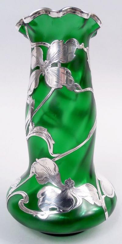  Loetz Glass Antique Loetz Art Nouveau Green Silver Vase with Floral Silver Overlay