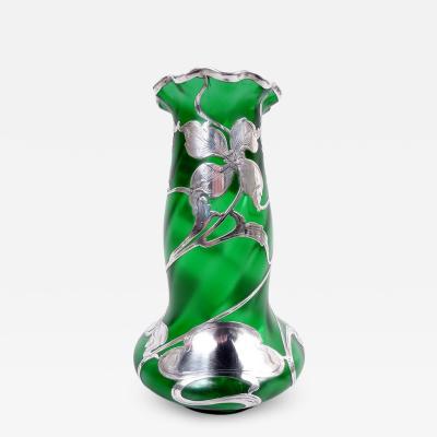  Loetz Glass Antique Loetz Art Nouveau Green Silver Vase with Floral Silver Overlay