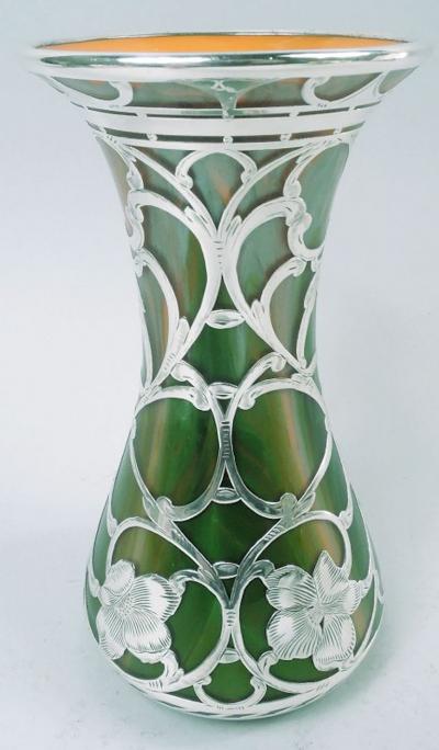  Loetz Glass Antique Loetz Art Nouveau Orange Green Silver Overlay Vase